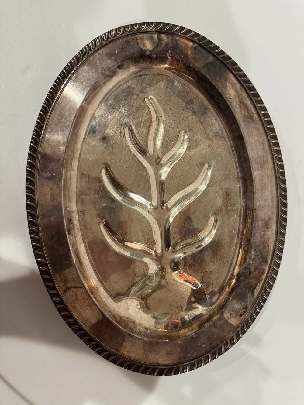 Vintage MCM Silver plate brass Oval Platter 4 Leg Serving Tray Turkey Tree 16"